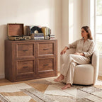 Vinyl Record Storage Cabinet with 4 Drawers, Holds Up to 300 LPs, 39” Large Record Player Stand & Turntable Table, Modular Media Console, Wood Album Organizer for Living Room, Cracked Oak