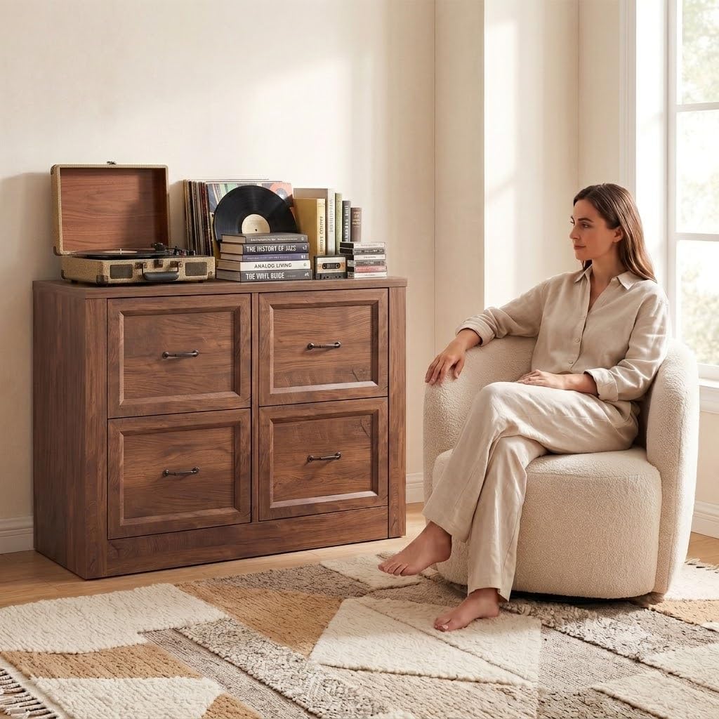 Vinyl Record Storage Cabinet with 4 Drawers, Holds Up to 300 LPs, 39” Large Record Player Stand & Turntable Table, Modular Media Console, Wood Album Organizer for Living Room, Cracked Oak