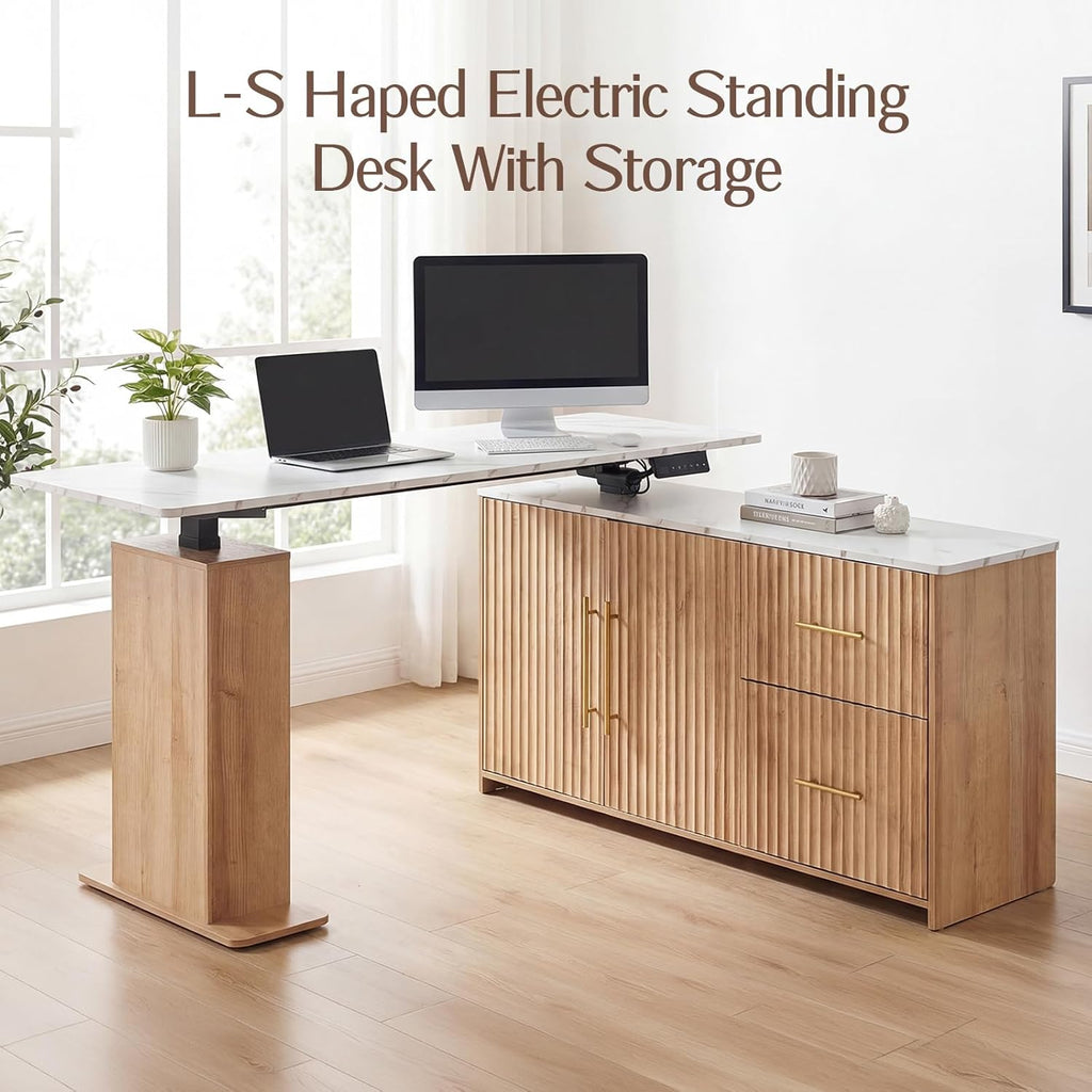 NORTHSKY 55" L Shaped Electric Standing Desk with Drawers and Storage Cabinet, Adjustable Height Corner Desk for Home Office, White Marble-Look Top with Natural Oak Fluted Base