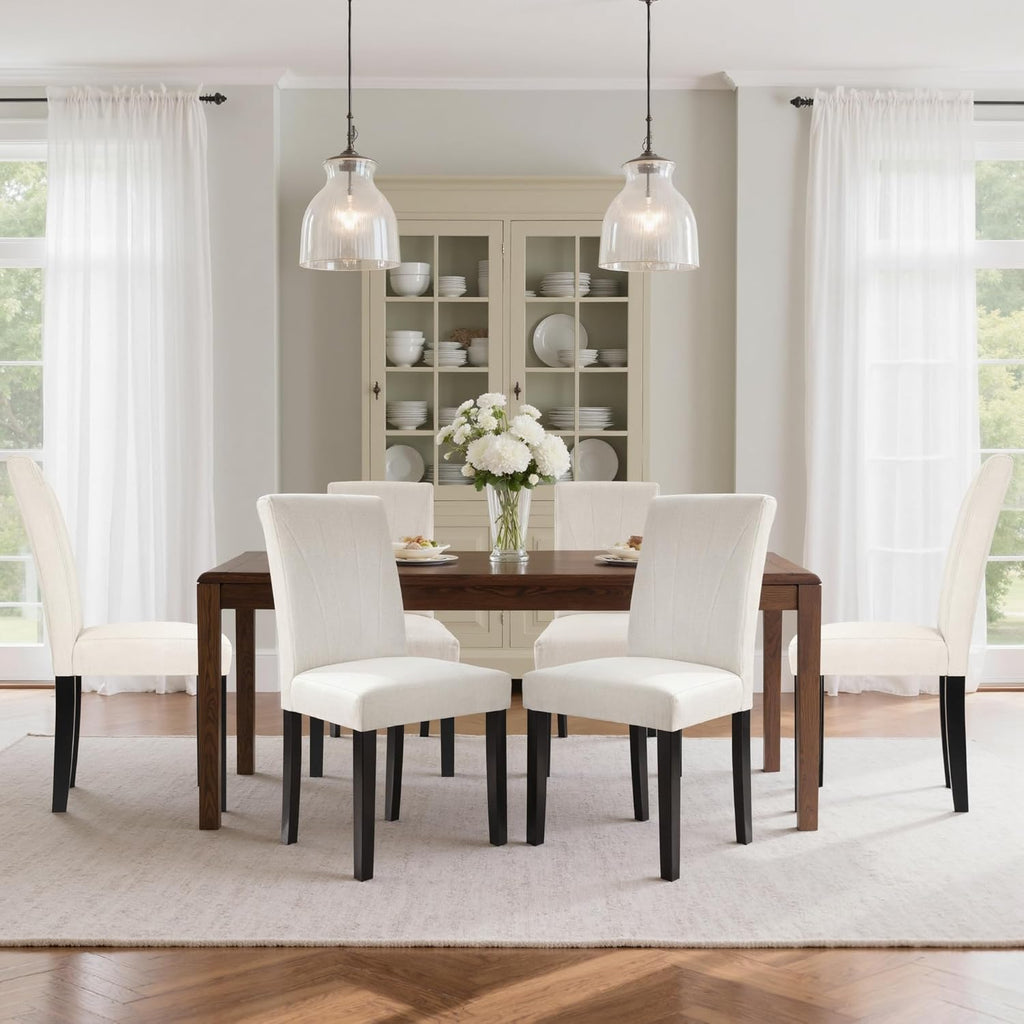 VECELO Upholstered Dining Chairs Set of 6, Modern Fabric and Solid Wood Legs & High Back, Parsons for Kitchen/Living Room- Beige