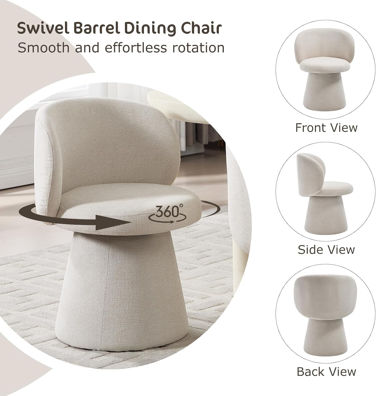 Swivel Dining Chair Set of 1, Modern Chenille Upholstered Boucle Swivel Barrel Chair, Comfy Fabric Accent Side Chairs for Kitchen Dining Living Vanity Room Bedroom, Beige