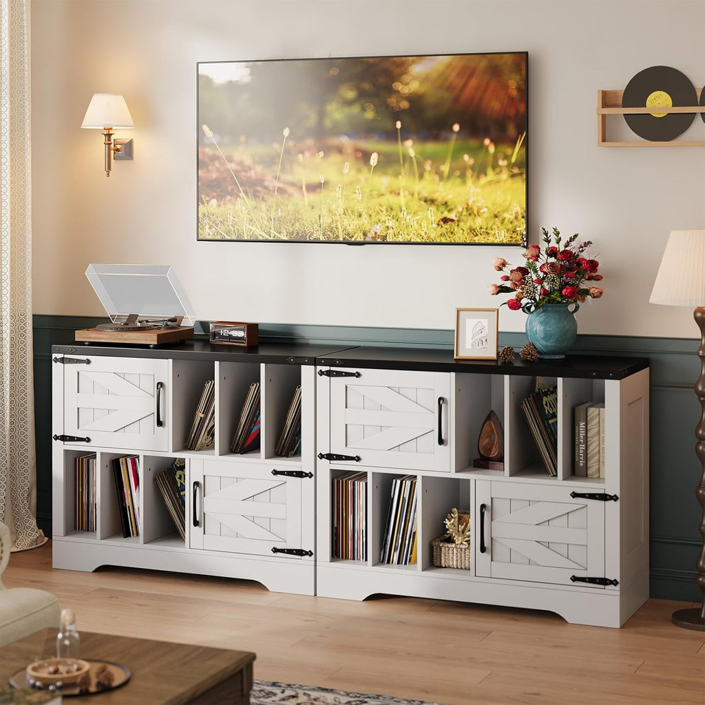 39in Large Record Player Stand with Vinyl Storage, Farmhouse Wood Turntable Cabinet with 2 Barn Doors, Mid-Century Modern Record Storage Holds Up to 450 Albums for Living Room Bedroom- White