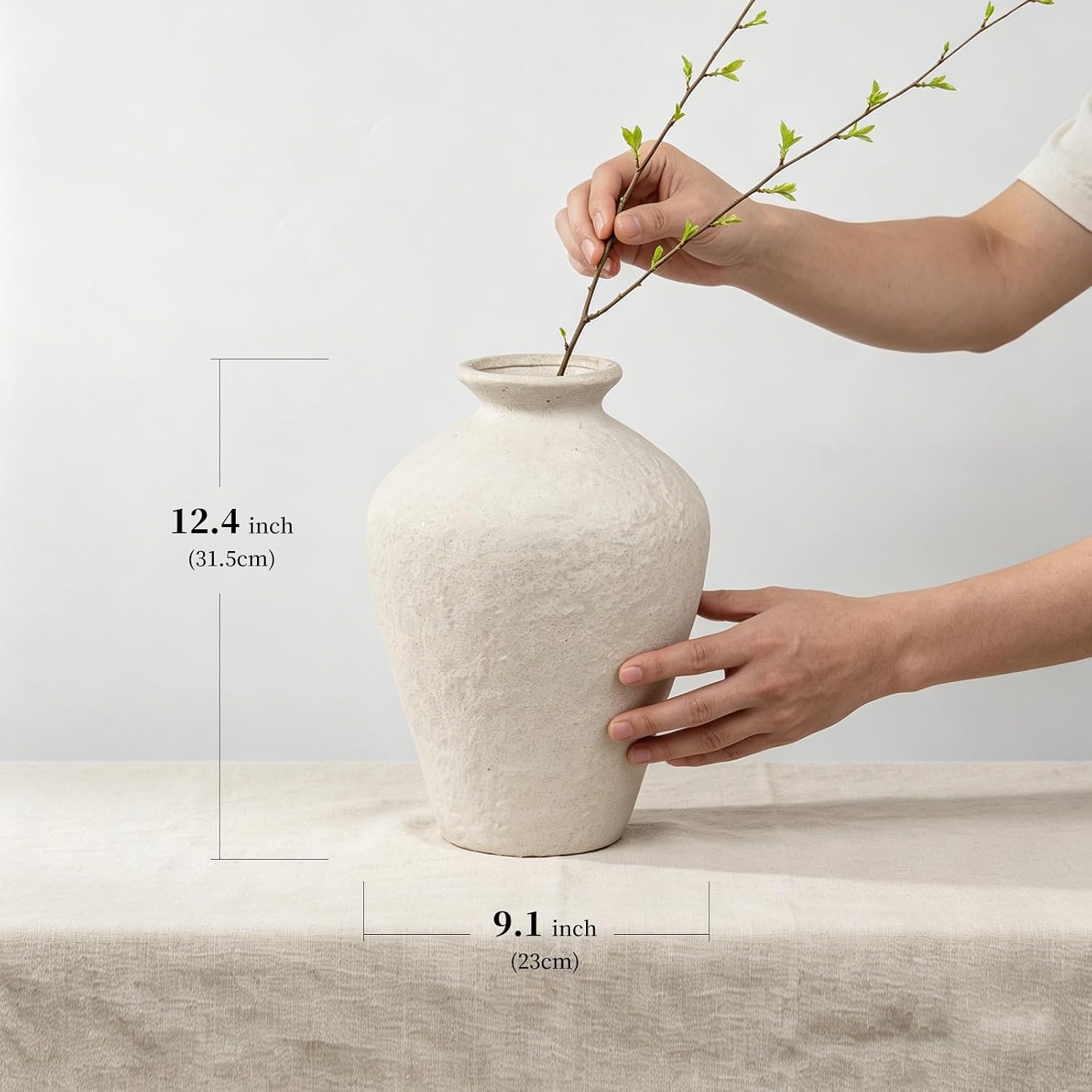MAKHOT Rustic Ceramic Farmhouse Flower Large Vase, 9.05" Modern Antique Terra Cotta Decorative White Vases Suitable for Home, Indoor, Kitchen, Shelf, Table, Corner Decor, WhiteVase Large Decoration
