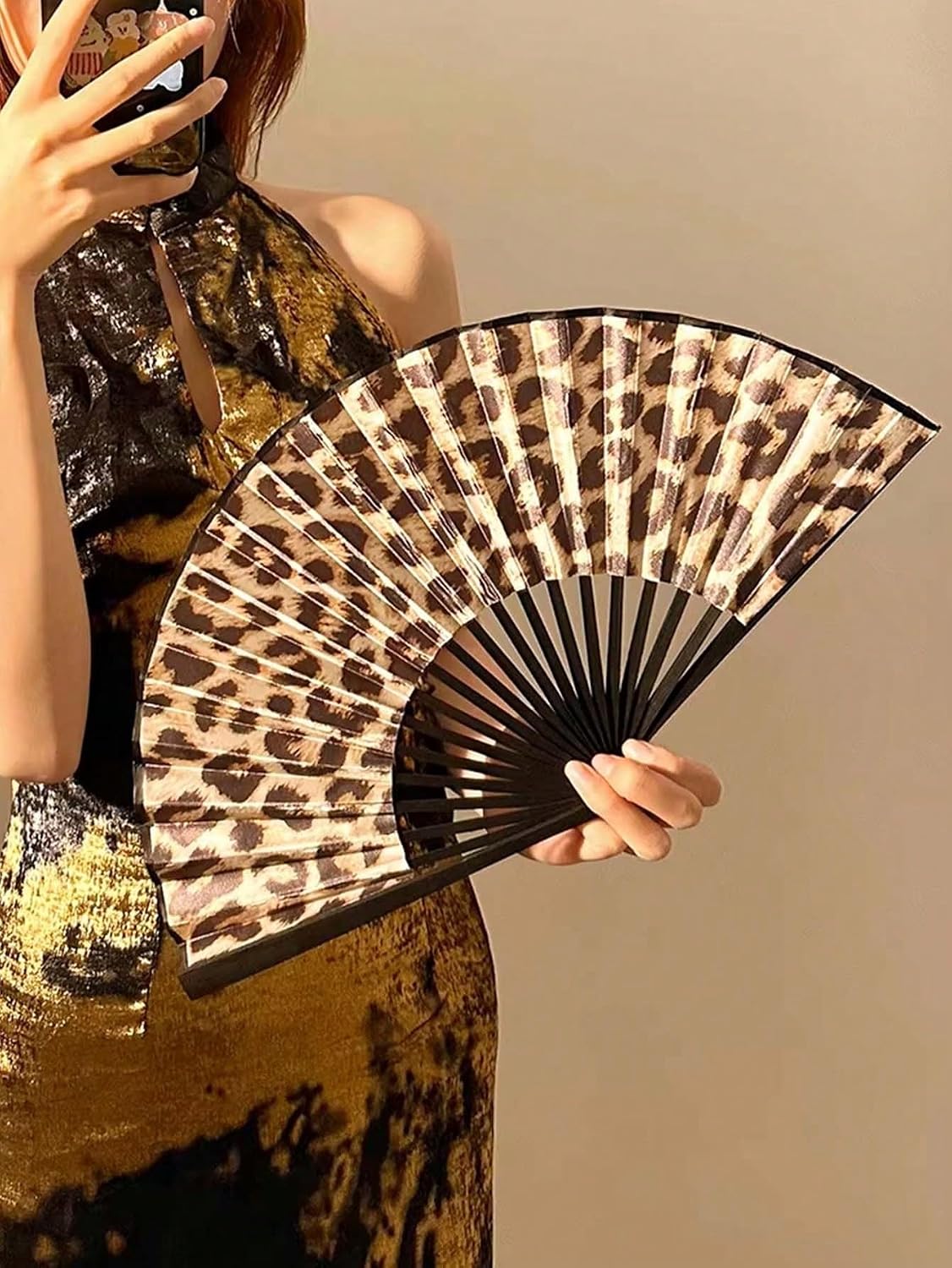 Elegant Leopard Print Folding Fan with Black Frame, Fashionable Princess Theme, Lightweight and Portable Handheld Fan for Women