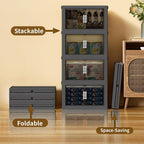 51QT Stackable Storage Bins with Lids & Wheels - Foldable Cabinet Clear Door Plastic Organizer Containers for Home, Garage, Pantry Organization - Collapsible Design Gray 4T