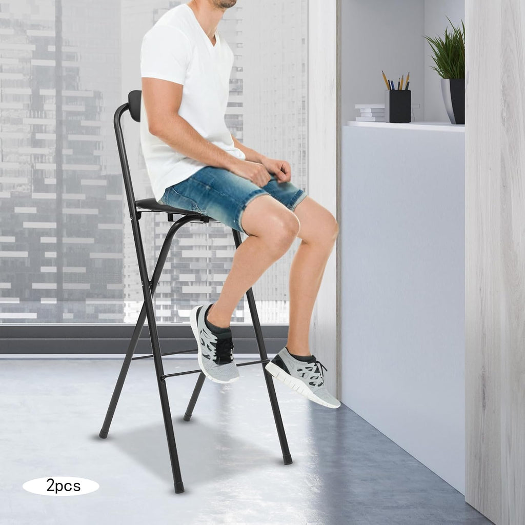 2-PCS Black Modern Freestanding Stool Set, 125 kg Max Load Capacity Foldable Design with PU Cushion Sturdy and Easy to Store for Kitchen Island, Shop, Cafe, Dining Room