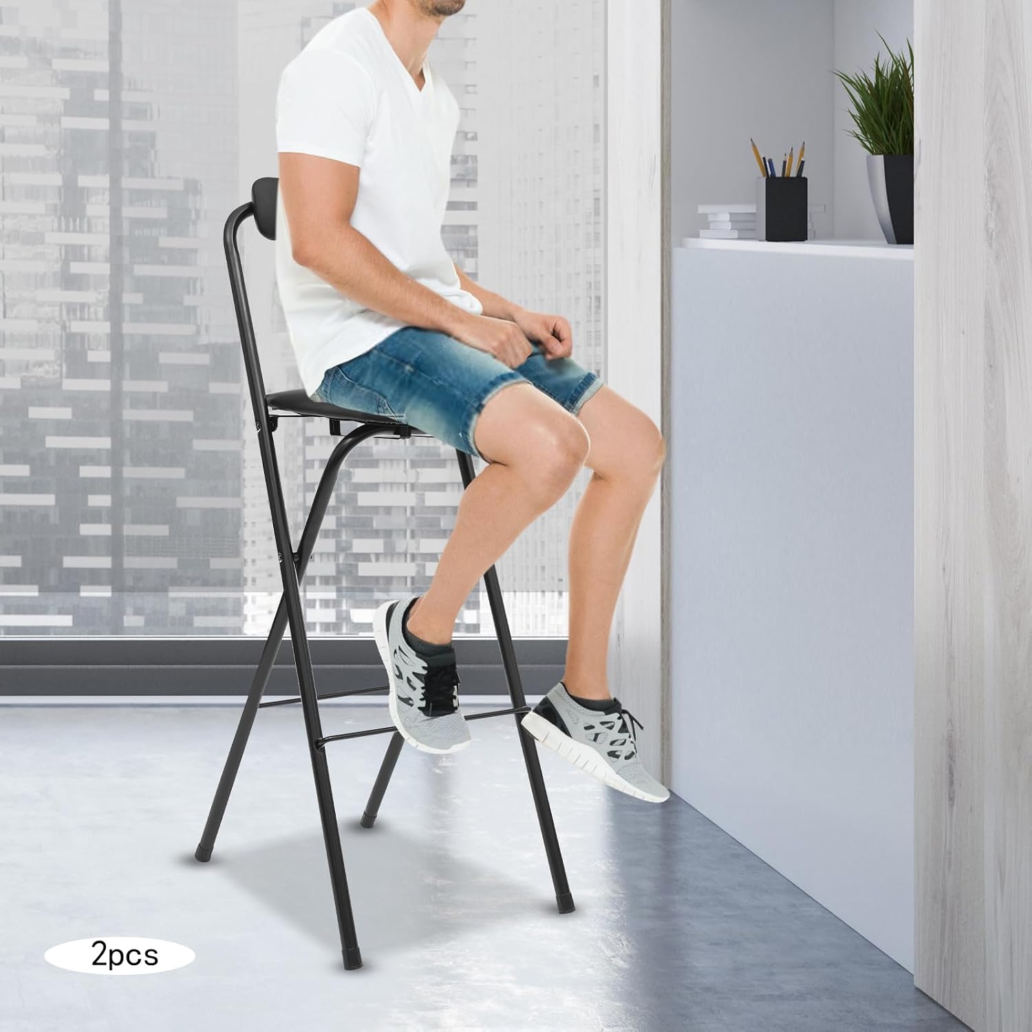 2 Pcs Folding Bar Stool with Backrest 29.5 Inch Tall Foldable Stool Chair Portable Folding Bar Chair for Kitchen Cafe Dining Room (Black)