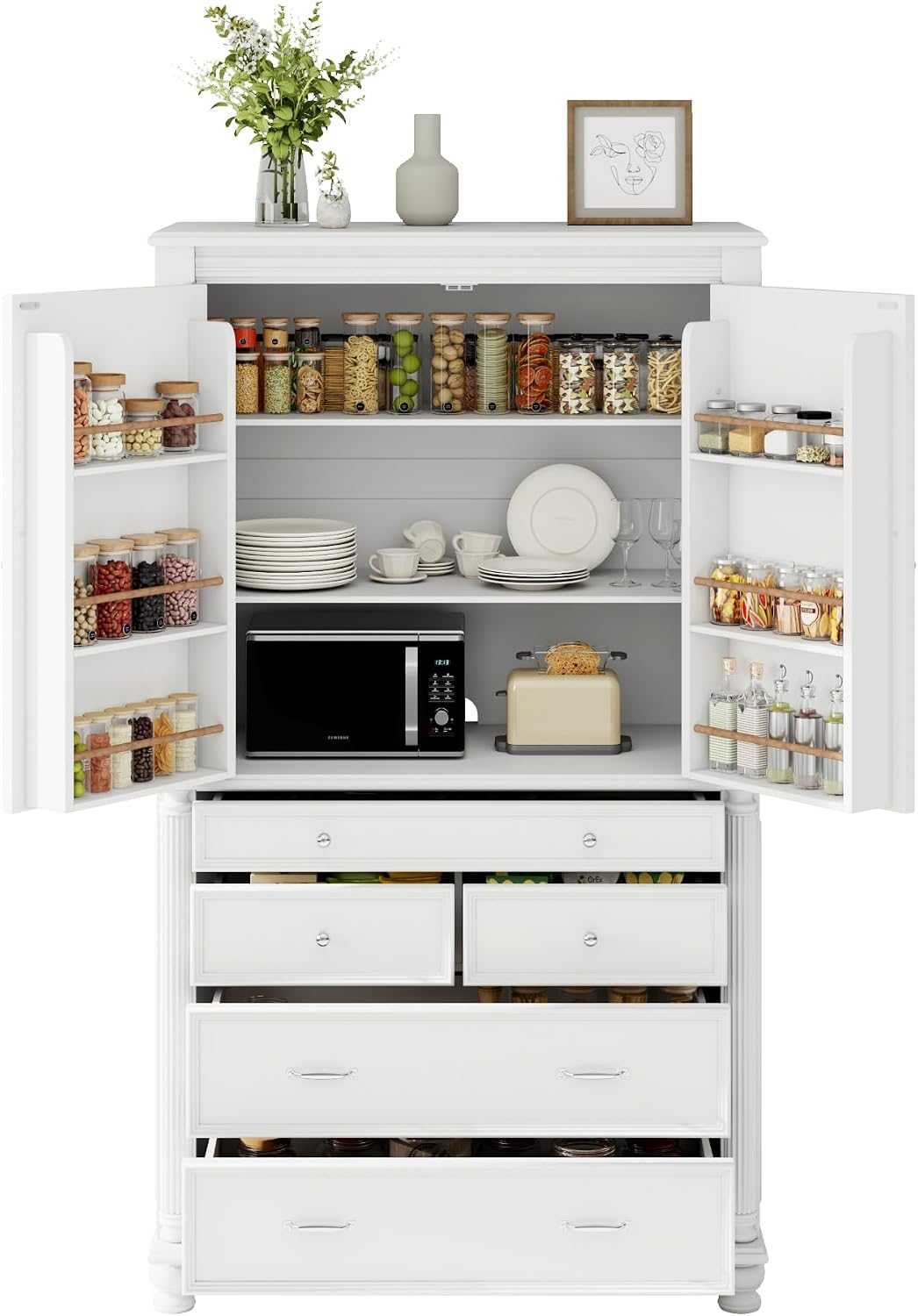 LUMISOL 77" Kitchen Pantry Cabinet with Storage, Storage Cabinet with 5 Drawers and 6 Door Shelves,Pantry Cabinet with Microwave Shelf and Adjustable Shelf, Freestanding Cupboard for Kitchen, White