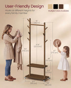 VASAGLE Freestanding Coat Rack Stand with 7 Hooks, 2 Shelves, 4 Removable 360° Swivel Wheels, Wooden Hooks and Pole, for Entryway, Bedroom, Living Room, Walnut Brown URCR053KJ01