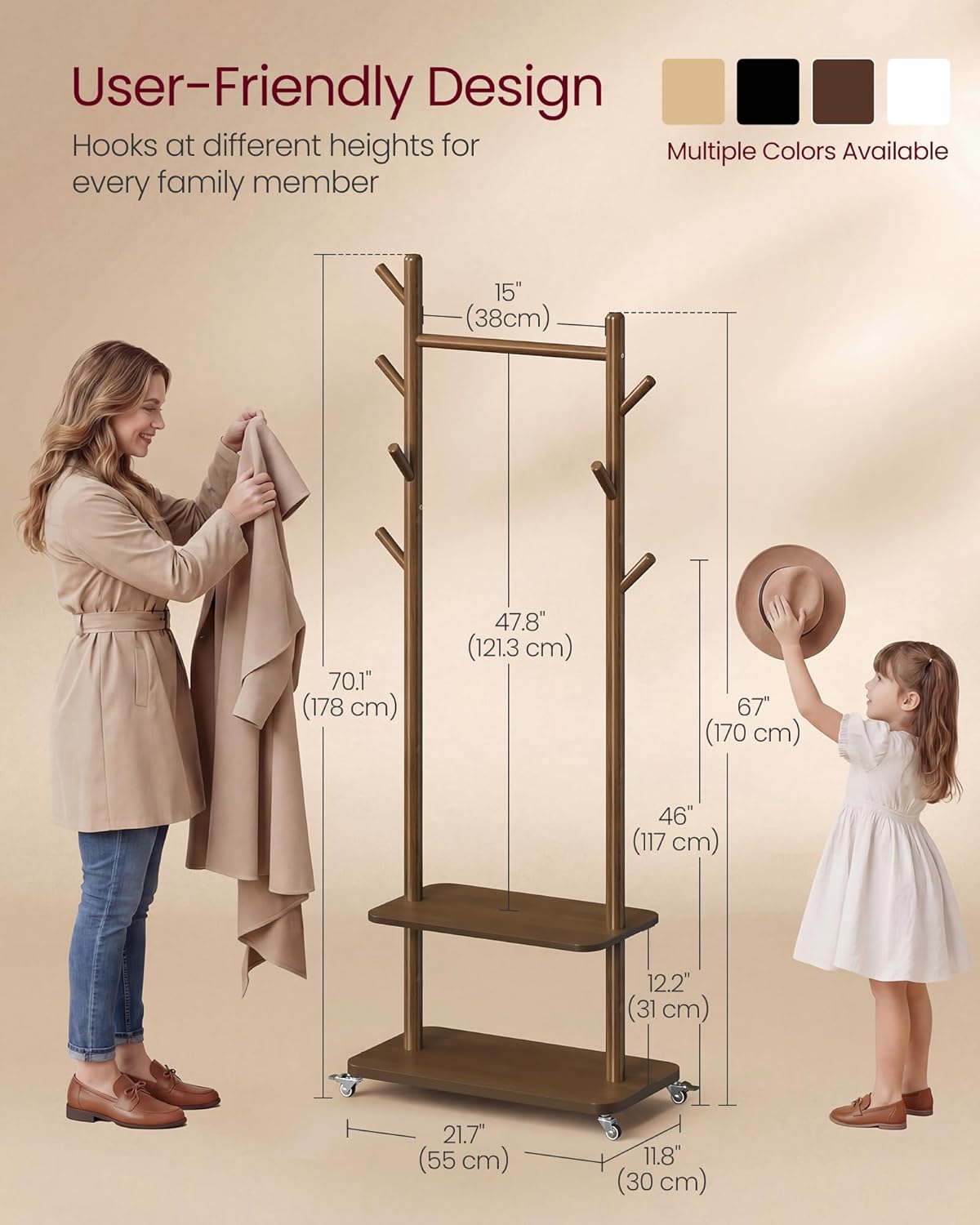 VASAGLE Freestanding Coat Rack Stand with 7 Hooks, 2 Shelves, 4 Removable 360° Swivel Wheels, Wooden Hooks and Pole, for Entryway, Bedroom, Living Room, Walnut Brown URCR053KJ01