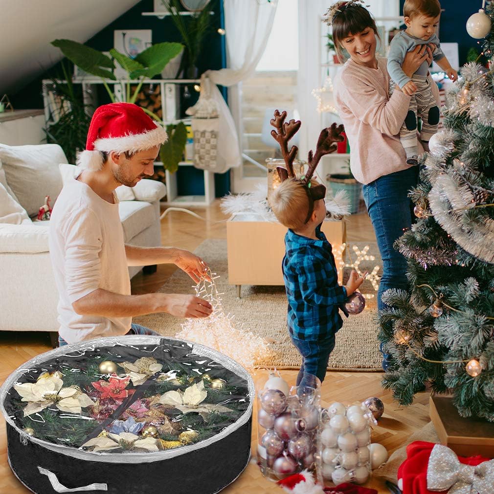 Christmas Wreath Storage Bag 48" with Clear Window | Extra Large Garland Xmas Wreath Container | Durable 600D Oxford Material | XL Huge 48” Holiday Wreath Bags Box (Black)