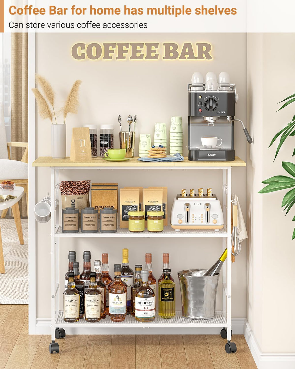 Kitchen Island with 3 Shelves, Rolling Kitchen Cart with 6 Hooks and Protective Shelf, Microwave Stand on Lockable Wheels, Bakers Rack Coffee Bar for Dining, Living Room, Outdoor, Metal Frame, White