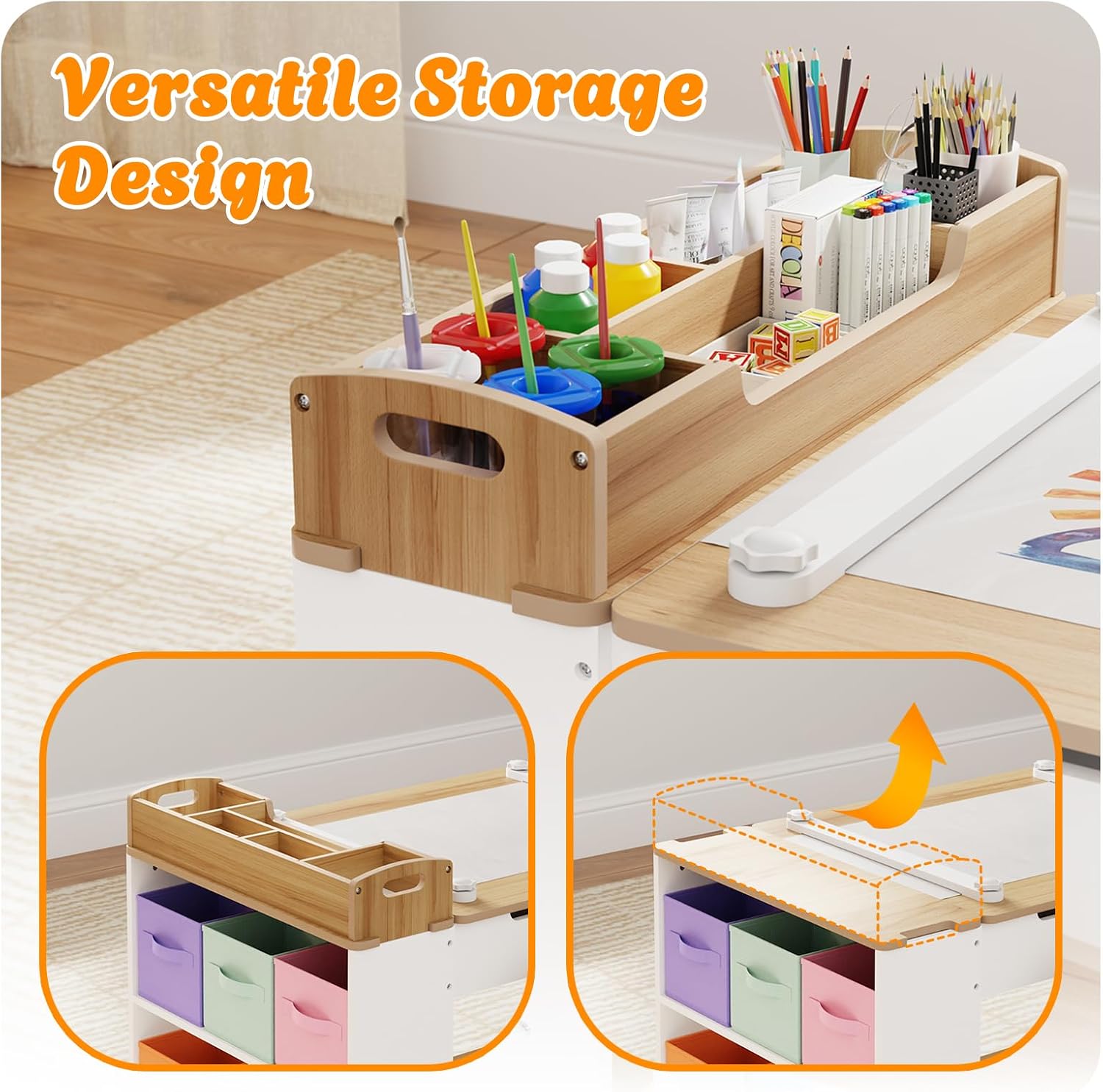 Kids Art Table and Chair Set with 2 Chair & Bins, 44" L x 24" W, Natural | Large Storage Kids Activity Desk, Toddler Craft Table and Chairs Set with Paper Roll for Playrooms & Classroom