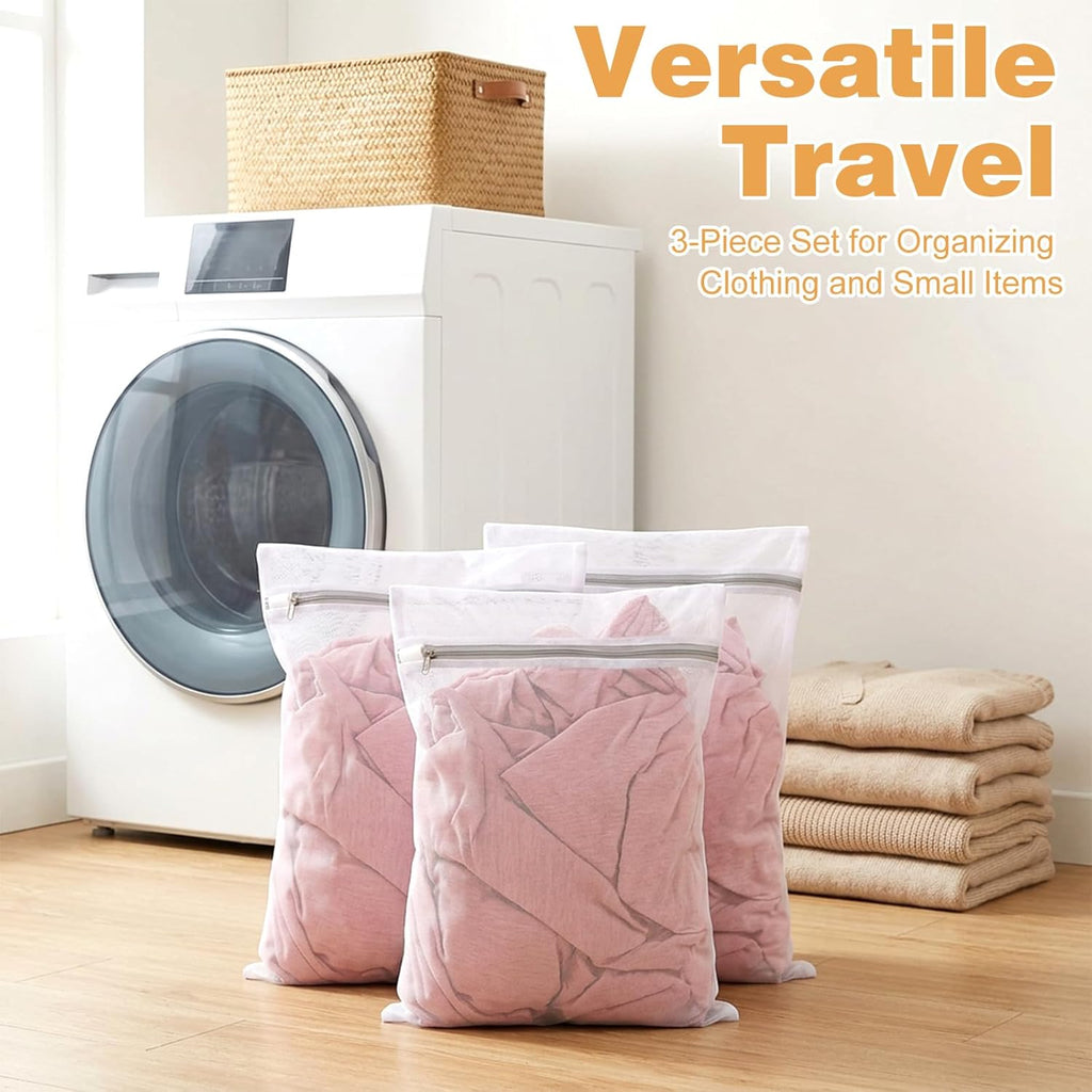 3 PCS Laundry Bags, Mesh Wash Bags for Delicates, 12x16 Inches White Durable Mesh Laundry Bag, Washing Machine Bag with Sturdy Zippers for Delicates Lingerie Bras Sweaters Clothes Travel