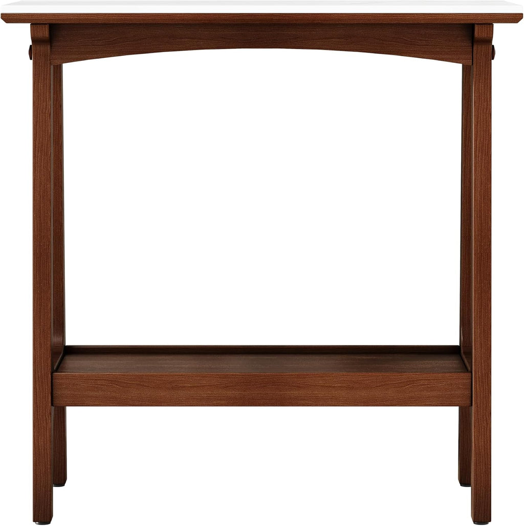 Skinny Side Table Slim Nightstand with Storage Shelf and Marble Top, Farmhouse Brown Narrow End Table Small Night Stand Bedside Table for Small Spaces Living Room Bedroom Sofa Couch