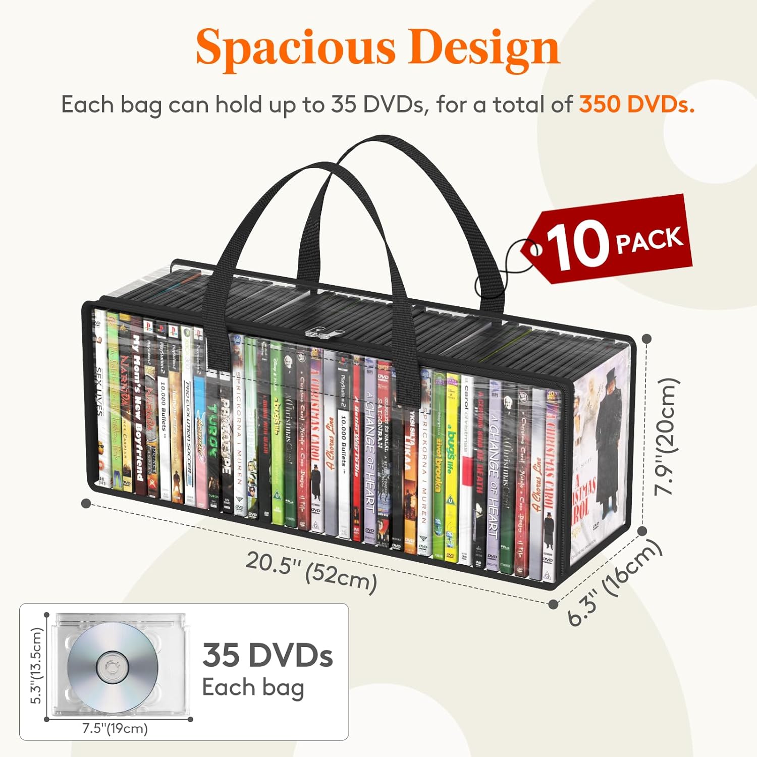 Lifewit DVD Storage Bags 10 Pack, Clear PVC DVD Case Holder with Handles, Front Window Zipper Design, Stackable Media Organizer for Blu Ray Disc, Movie Cases, VHS Box, Hold 350 Pcs DVDs (35 Each)