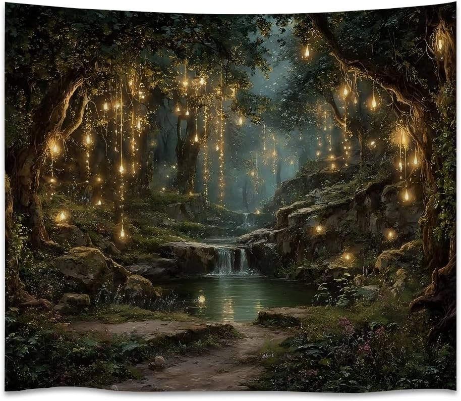 xyeey Gothic Fantasy Enchanted Forest Tapestry Mystical Waterfall Painting Wall Hanging Decor Fairy Lights Nature Landscape Art Vintage Tapestries for Living Room Gallery Wall Decor white60x80inch