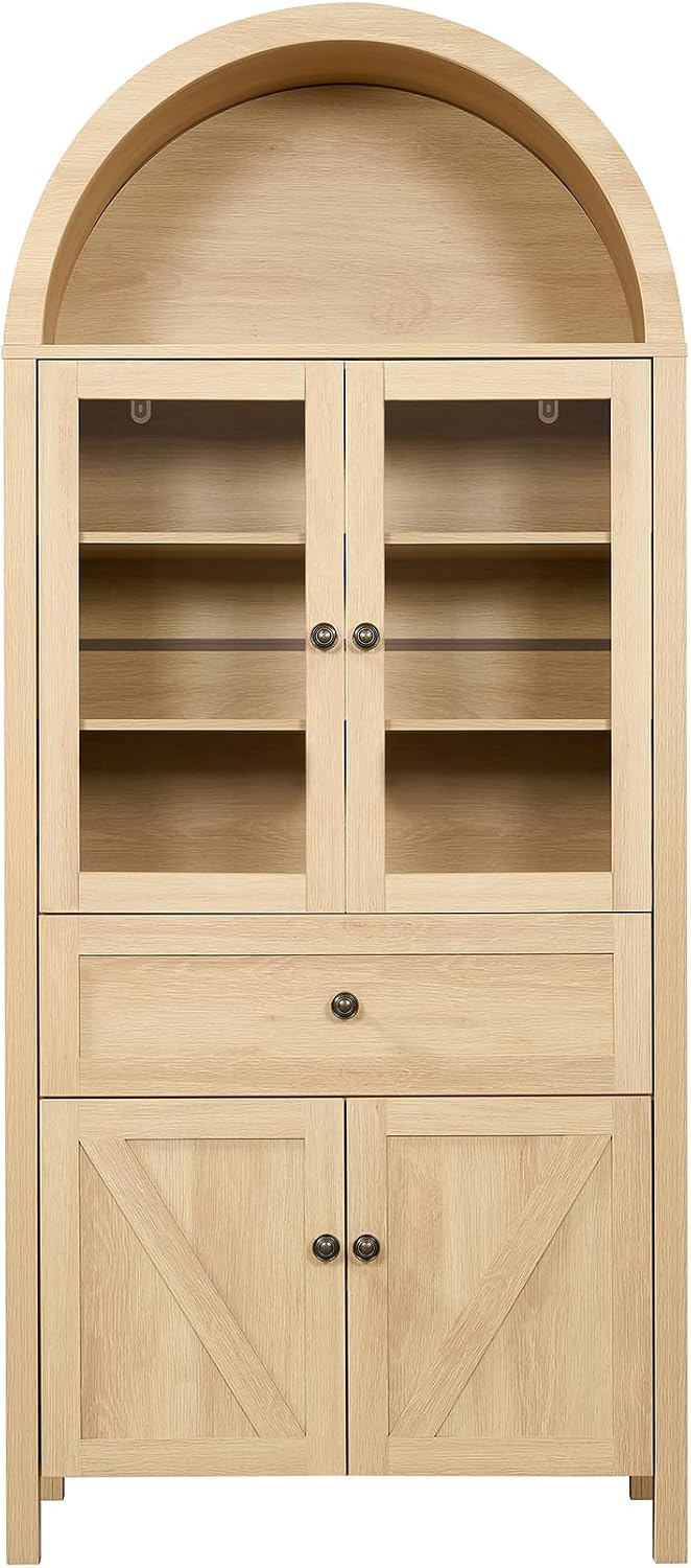 71.65"Tall Arched Kitchen Pantry Cabinet with Large Drawer, Farmhouse Kitchen Cabinet with Adjustable Shelves and Glass Doors, Wood Versatile Cupboard for Kitchens, Dining Room, or Study Room, Natural