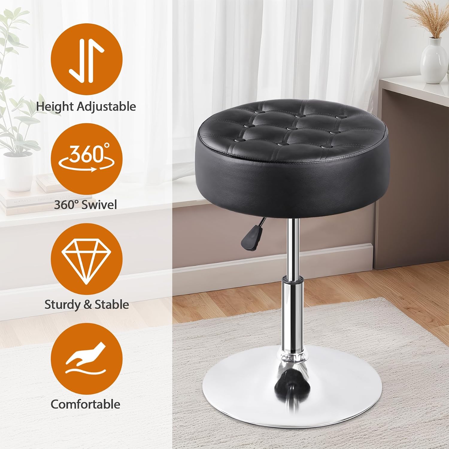 LEMY Adjustable Vanity Stool with 360° Swivel,Hydraulic Lift Round Makeup Chair Ottoman with Stable Base for Home Beauty Studio,Bedroom and Bathroom,Black