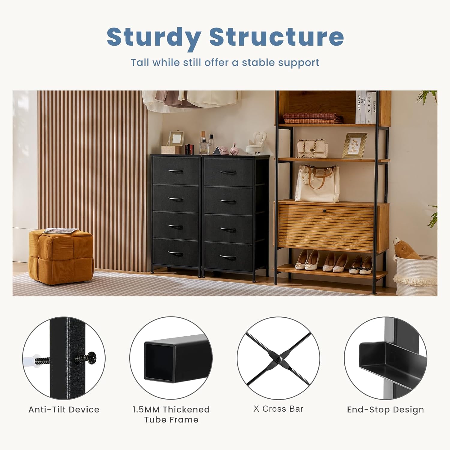 DUMOS Nightstand with 4 Drawers Bedside Table with Removable Fabric Bins Sturdy Steel Frame Wood Top Organizer Furniture for Bedroom Closet Living Room