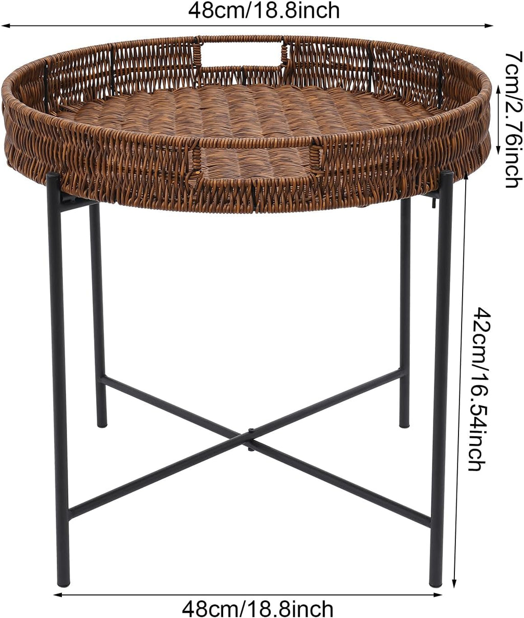 Retro Foldable Imitation Rattan Round Coffee Table, Imitation Wicker Wooden End Table with Removable Tray and 10lbs Load Capacity, for Living Room, Bedroom, Office, Bathroom, Bar, Balcony