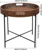 Retro Foldable Imitation Rattan Round Coffee Table, Imitation Wicker Wooden End Table with Removable Tray and 10lbs Load Capacity, for Living Room, Bedroom, Office, Bathroom, Bar, Balcony