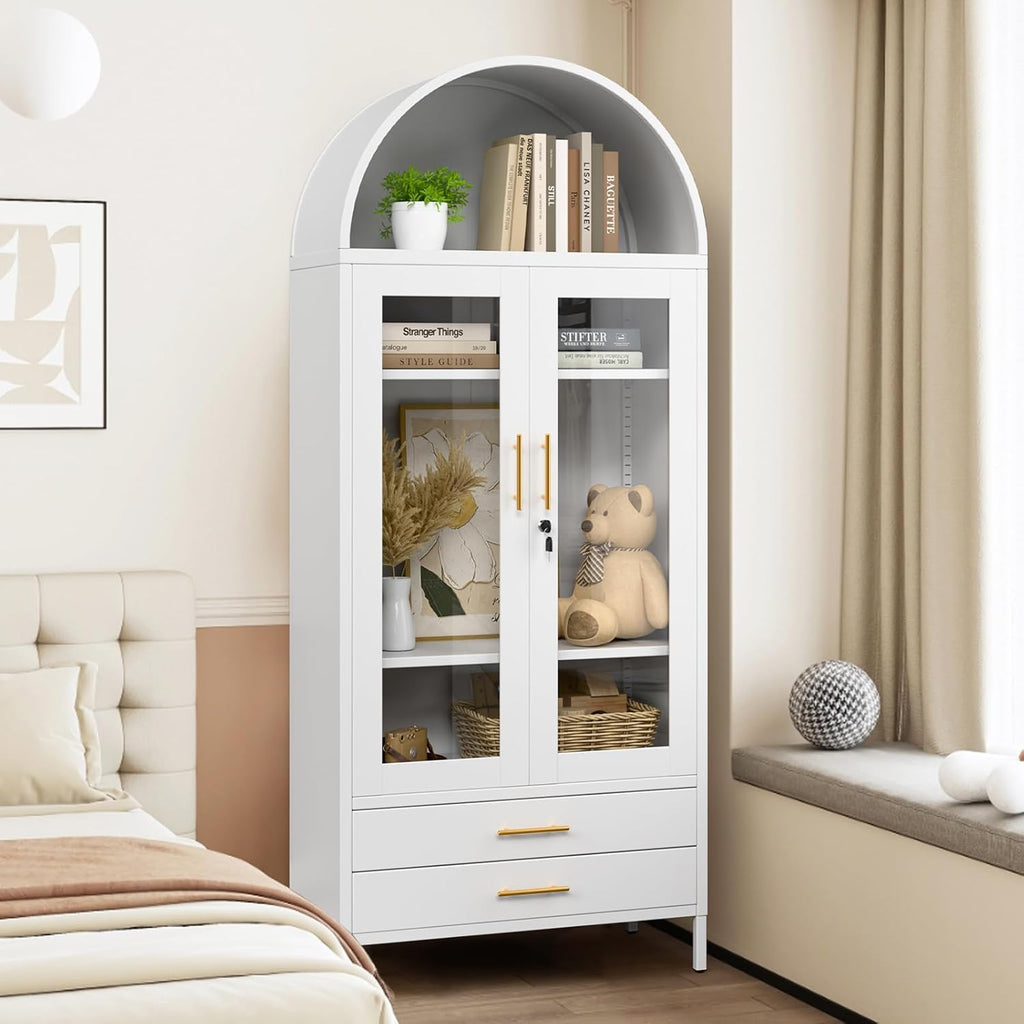 Holiwei Metal Storage Cabinet, 73" Arched Kitchen Pantry Organizer with 2 Drawers & 2 Adjustable Shelves, Freestanding Display Cabinet for Living Room