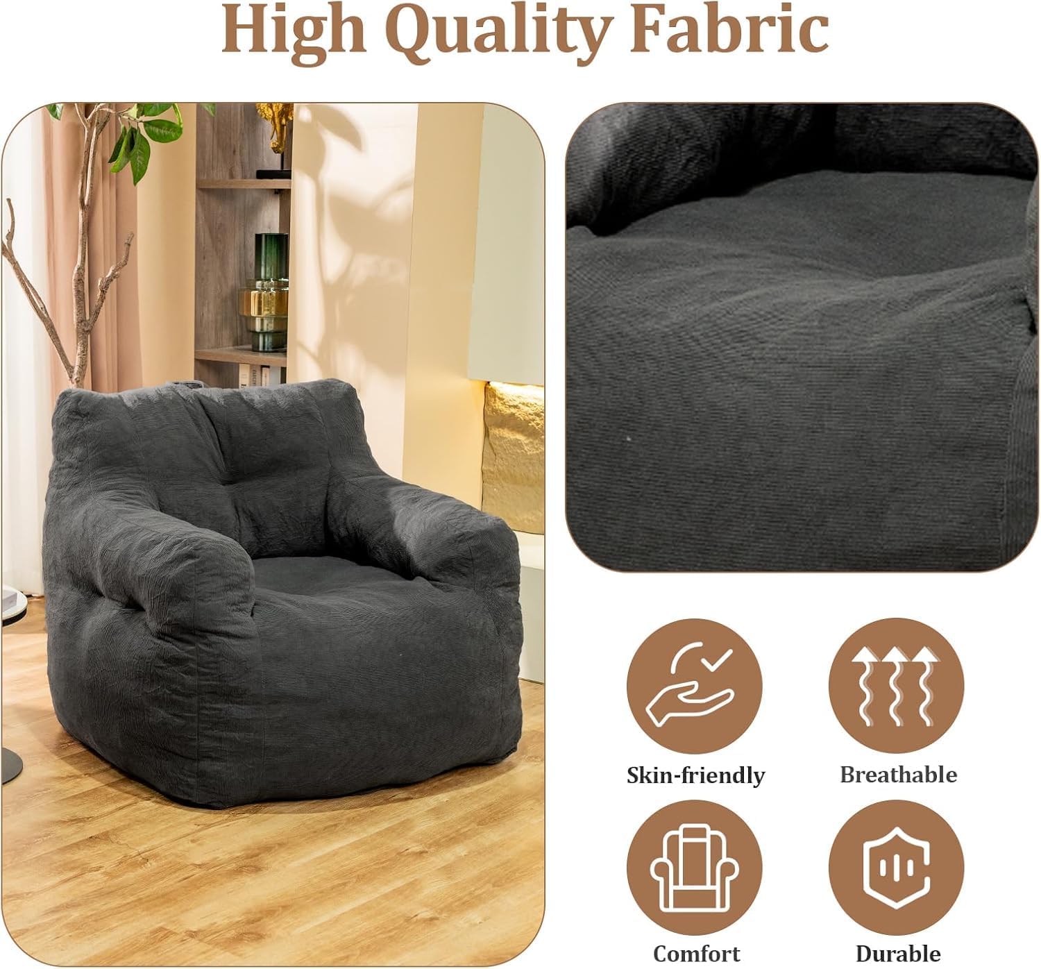 Jumbo Plush Bean Bag Chair for Adults with Head & Back Support - Extra Large Durable Tear-Resistant Fabric (Small)