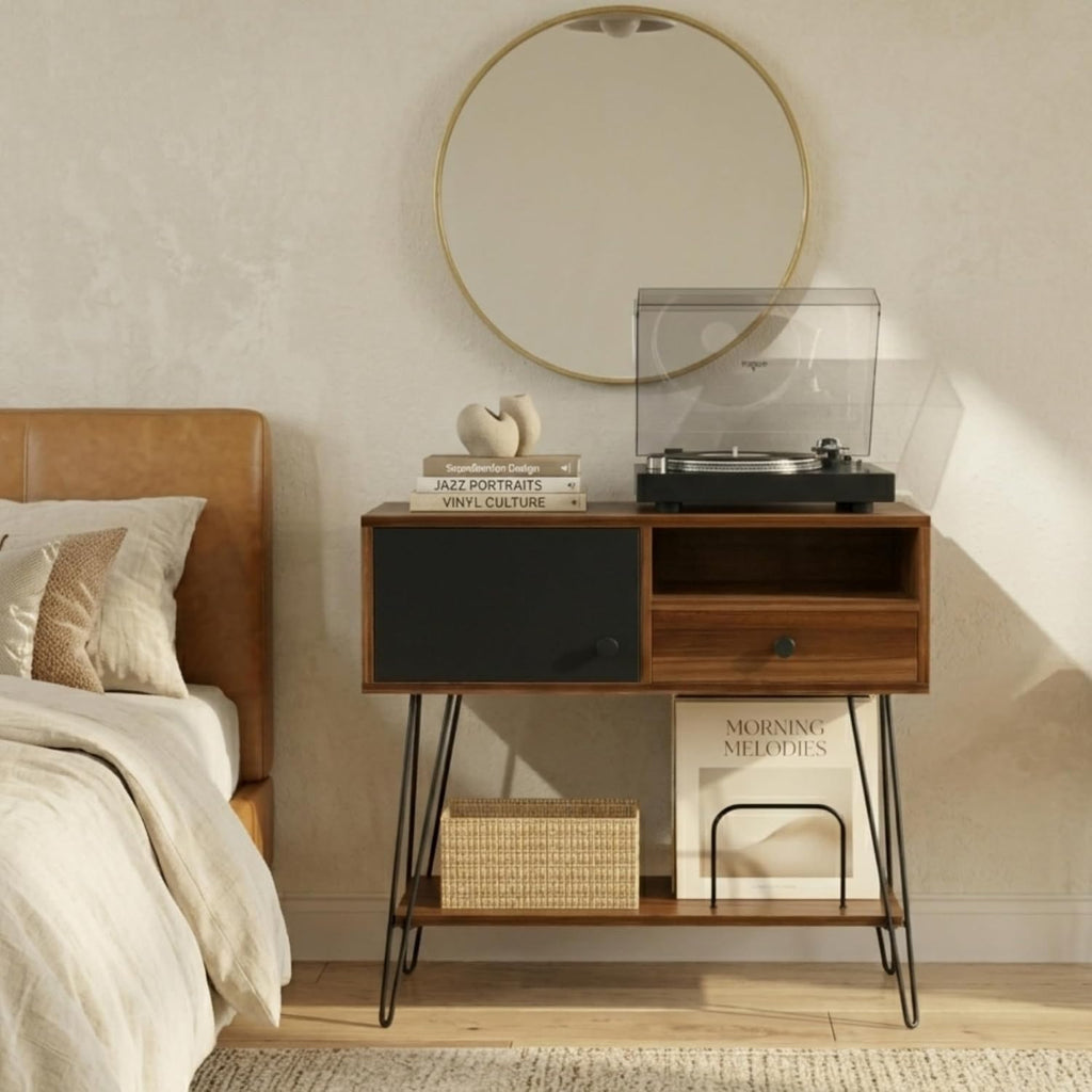 Large Mid Century Modern Record Player Stand with Vinyl Storage Holds Up to 200 Albums - Walnut Console Table for Turntables, Living Room, and Entryway | Record Player Table