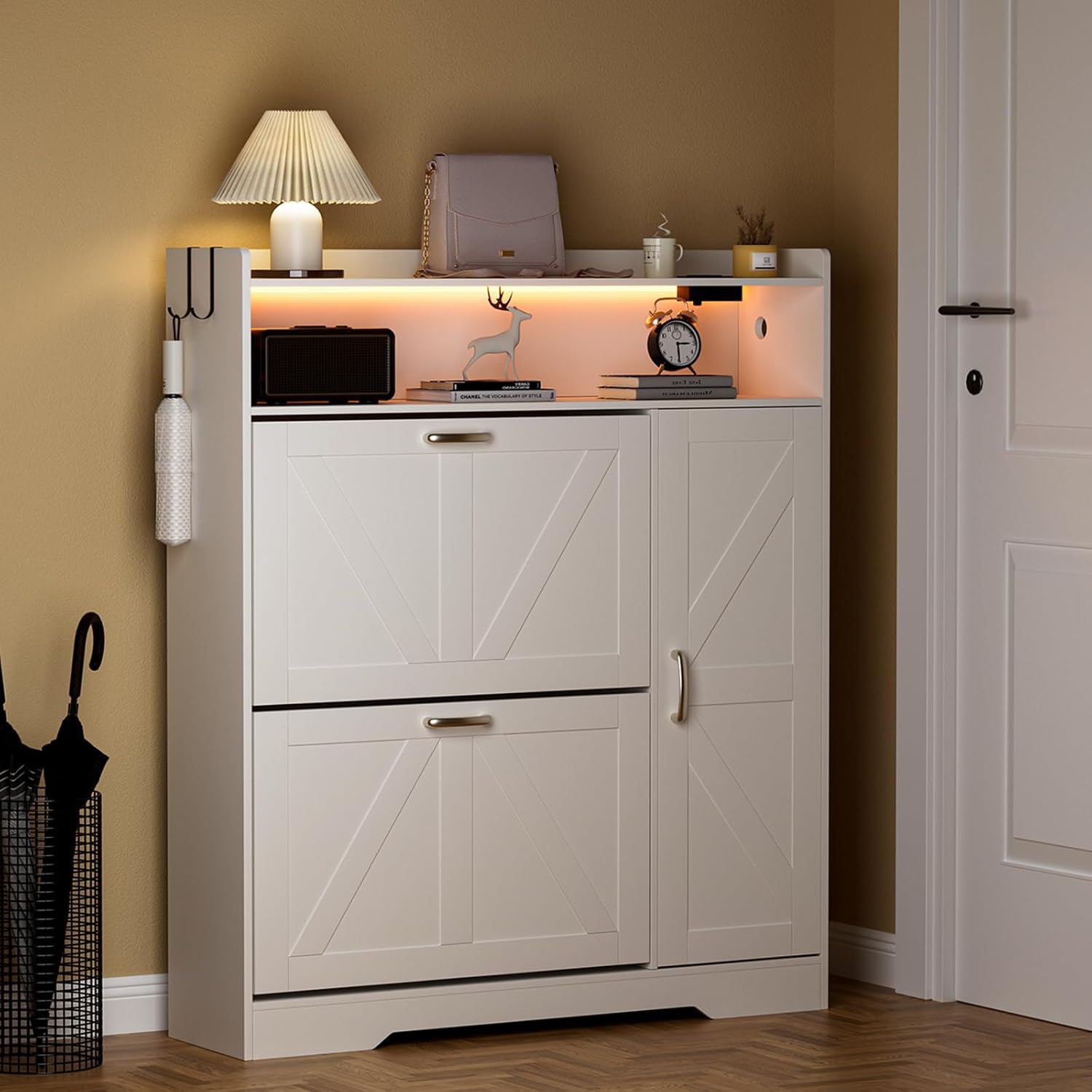 Artswish Narrow Shoe Cabinet with Flip Drawers & Power Outlet, Wooden Shoe Storage Cabinet with Side Cabinet & Adjustable Shelves, Shoe Rack with Drawers for Entryway, Hallway, White