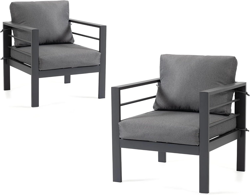 Modern Outdoor Patio Armchair Set of 2, Heavy Duty Metal Frame with Wide Armrests, Thick Waterproof Removable Cushions, 330lbs Capacity for Garden Backyard Porch, Grey