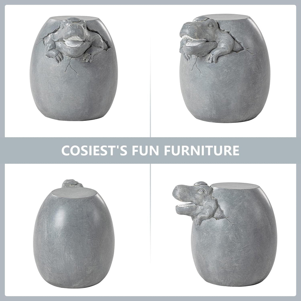 COSIEST Dinosaur Sculpture End Table, 14.6x16.9 inch Concrete Finish Side Table, Round Accent Table for Garden Yard Patio, Light Gray
