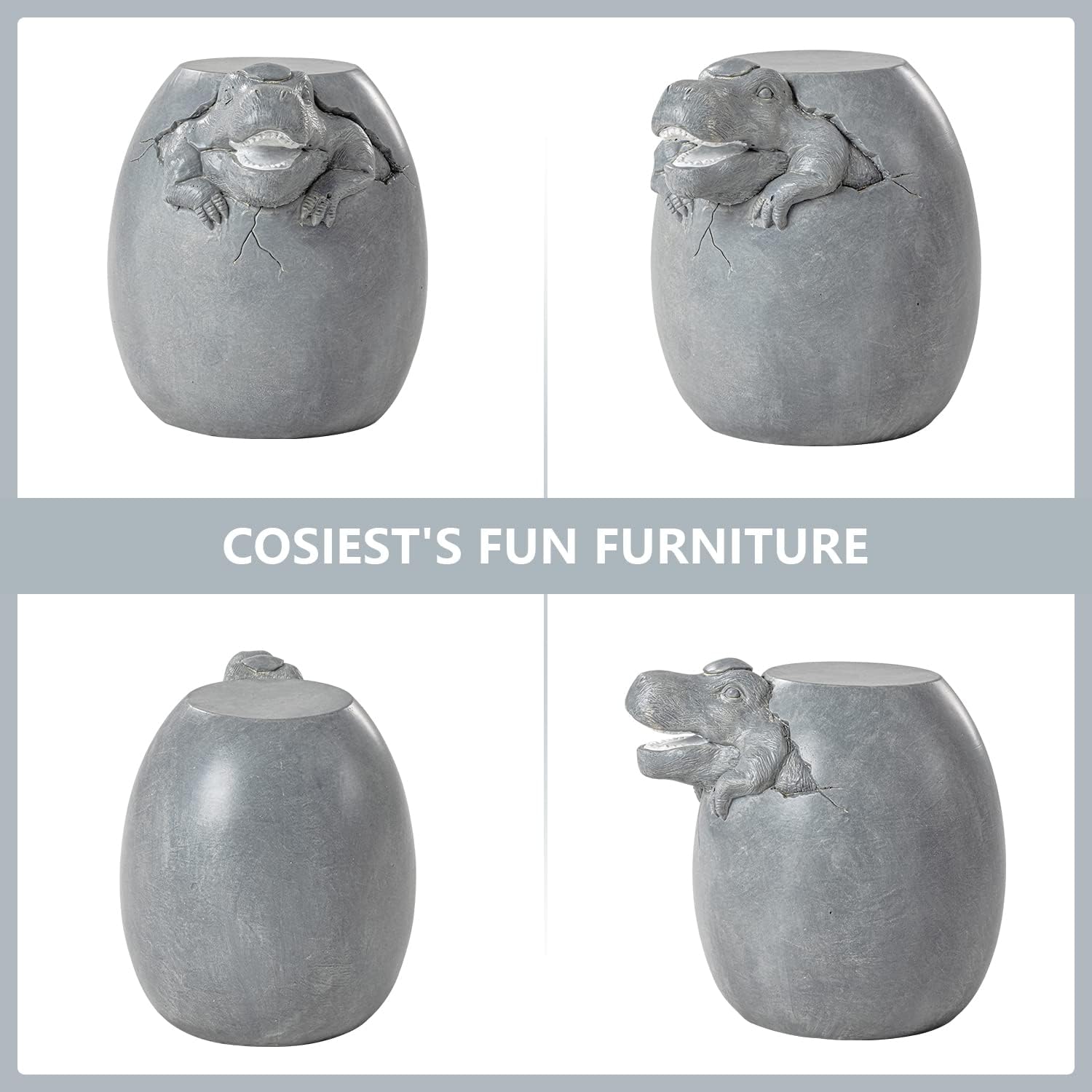 COSIEST Dinosaur Sculpture End Table, 14.6x16.9 inch Concrete Finish Side Table, Round Accent Table for Garden Yard Patio, Light Gray