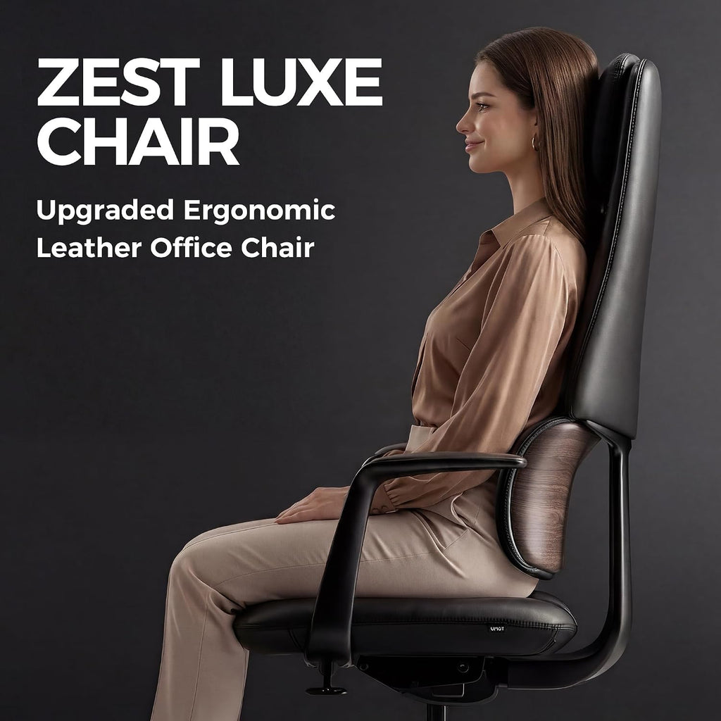 TOMU Genuine Leather Office Desk Chair, Ergonomic Leather Executive Office Chair, Upgraded Wood Grain Finish and S Curve Back with Solid Aluminum Frame, Luxury and Mordern