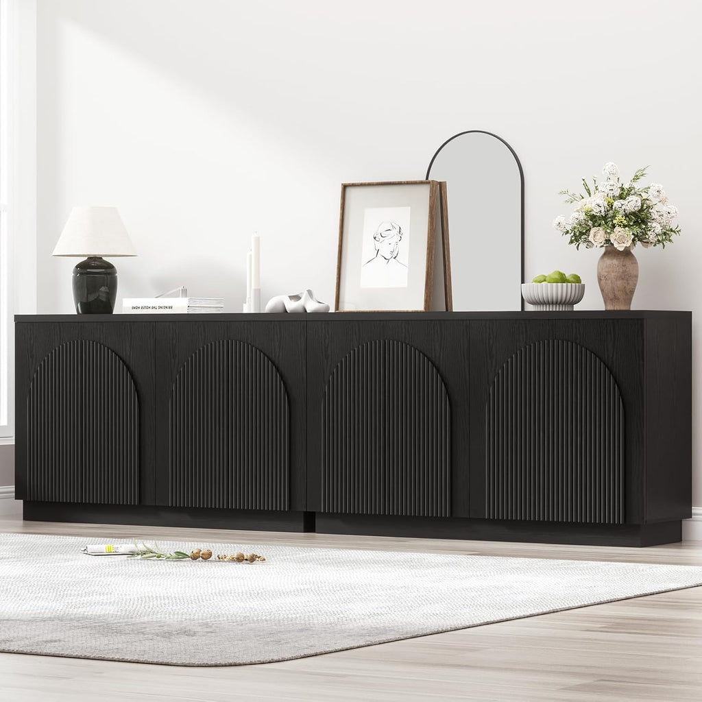 Black Fluted Sideboard Buffet Cabinet Set of 2 with Arched Reeded Doors, 110 Inch Extra Long Mid Century Modern Credenza Accent Storage Cabinet with Adjustable Shelves for Living Room Dining Room