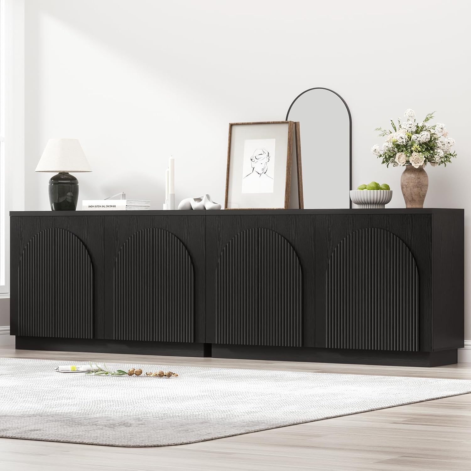 Black Fluted Sideboard Buffet Cabinet Set of 2 with Arched Reeded Doors, 110 Inch Extra Long Mid Century Modern Credenza Accent Storage Cabinet with Adjustable Shelves for Living Room Dining Room