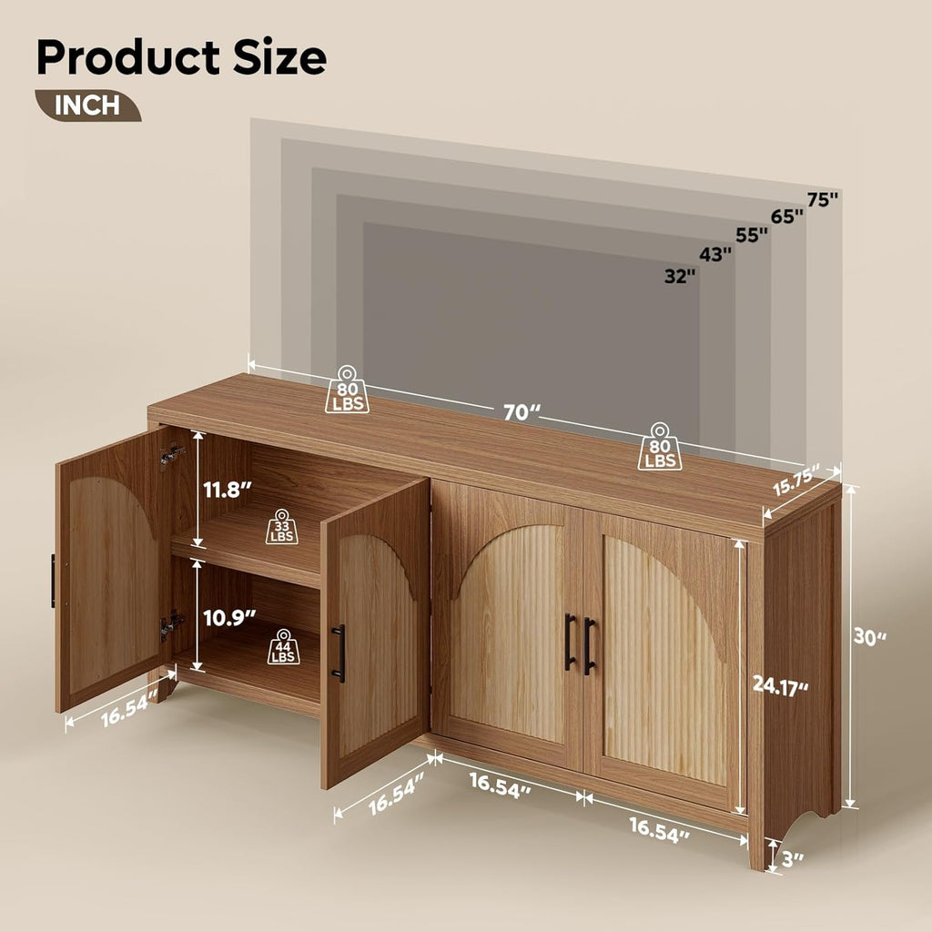 Bestier 70" Sideboard Buffet Cabinet with Storage, Boho Credenza Storage Cabinet, Farmhouse Arch Fluted Doors & Adjustable Shelves, Wood Long Buffet Cabinet for Living Room, Entryway, English Oak