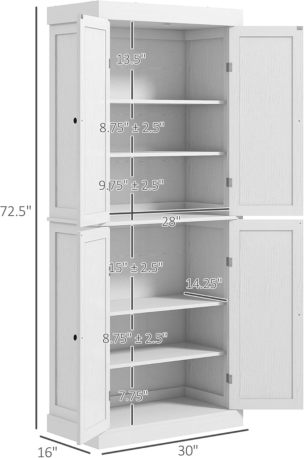 72" Tall Kitchen Pantry Storage Cabinet, 4-Door Freestanding Buffet with 2 Adjustable Shelves, Utility Cupboard Large Sideboard for Kitchen, Dining Room, White