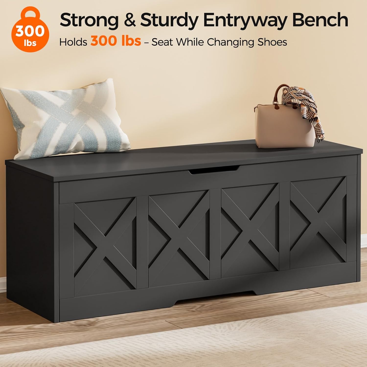 Homleke 47.2" Extra-Large Wooden Storage Chest – Farmhouse Toy Box, Entryway Bench, Bedroom Storage, Safety Hinge, Easy Assembly, Black