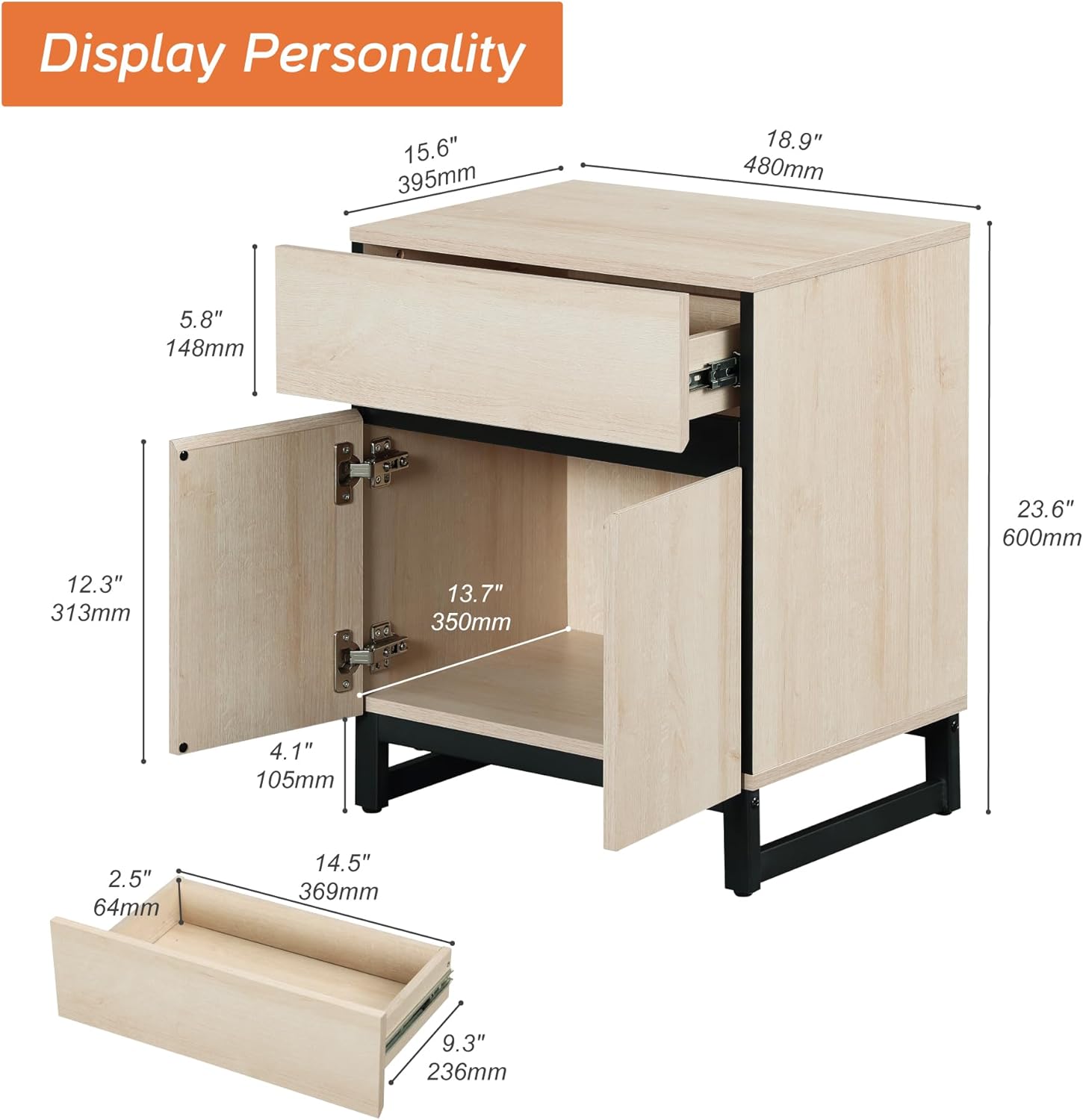 WAMPAT 2 Pack Nightstand with 1 Drawer and 1 Storage Cabinet, Modern Bedside Table with 2 Open Door for Bedroom, Wood Rustic Side End Table for Living Room, Light Oak