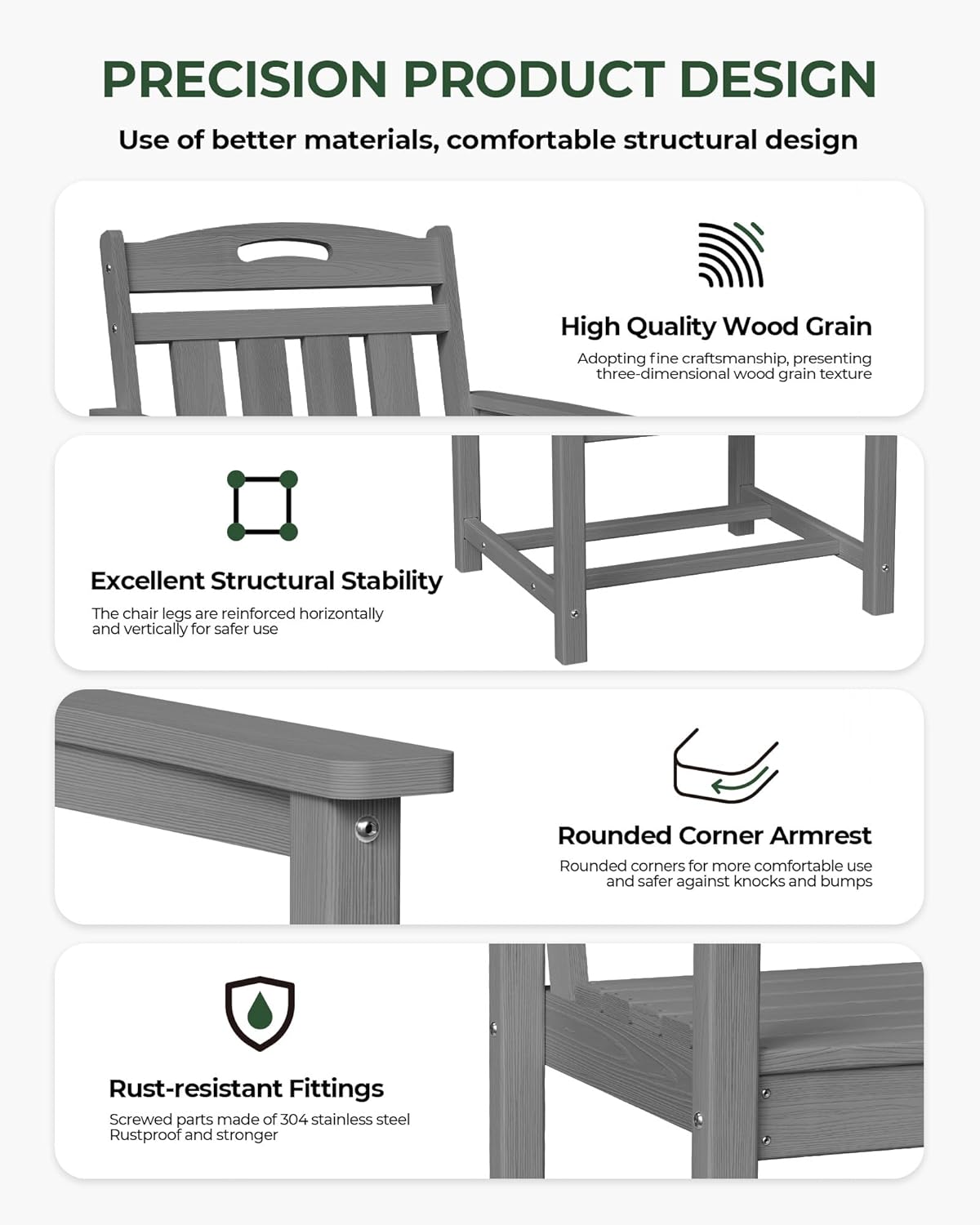 Patio Chairs Set of 2, HDPE Outdoor Dining Chairs with Wide Seat, All Weather Oversized Porch Chair for Garden, Backyard, Deck - Grey