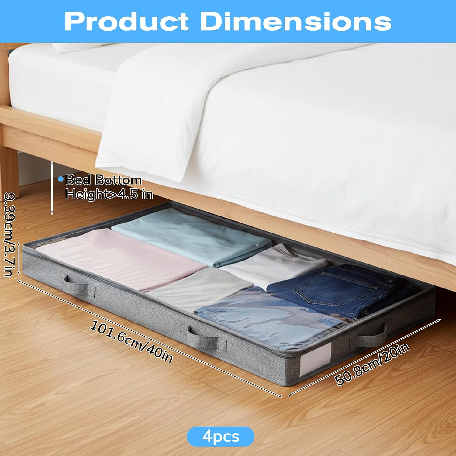 4 Pack Under Bed Storage, Below 4 Inches Underbed Storage Containers Low Profile No Sidewalls Foldable Shallow Storage Bins Organizer with Clear Lid and Zipper