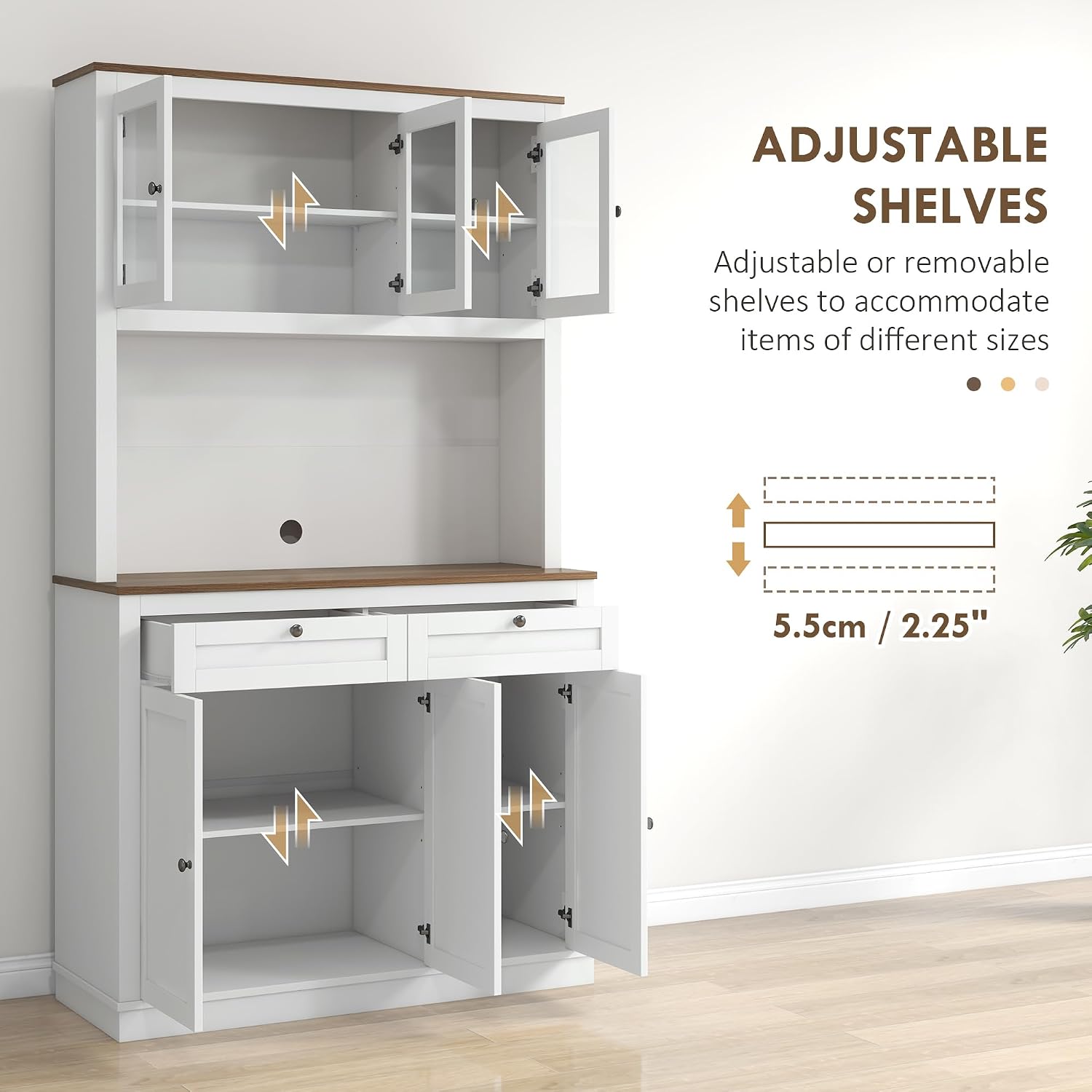 71" Tall Kitchen Pantry Storage Cabinet with Microwave Stand, Freestanding Buffet with Hutch, 2 Drawers, 5 Doors, Adjustable Shelves and Glass Doors for Kitchen, Dining Room, White,15.8 * 39.3 * 70.8