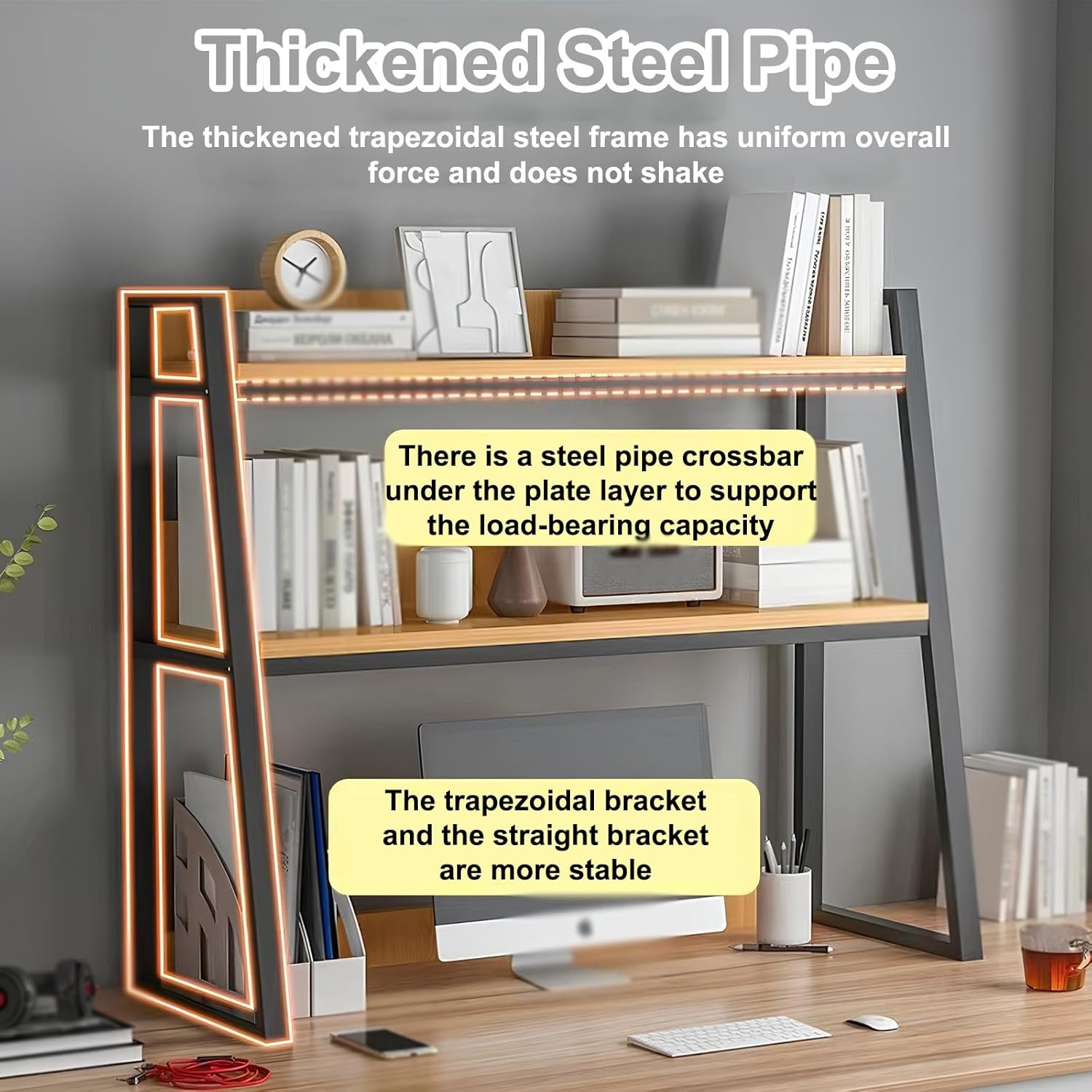Desk Hutch with Ladder Bookshelf, White Desktop Organizer Shelf for Computer Desk, Dorm Room, Home Office – Large