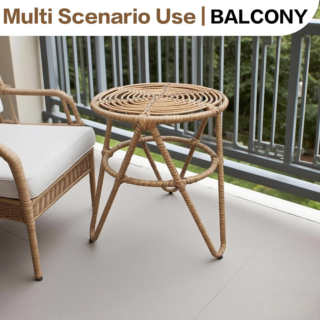 Round Coffee Table Set of 2, Natural Rattan Side Table Boho, Small Mid Century Modern Rattan End Tables for Living Room Bedroom Office Yard Garden Backyard Porch Poolside Balcony Lawn Bistro