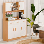Kitchen Pantry Storage Cabinet, Modern Farmhouse Kitchen Pantry Cabinet with Microwave Stand, 3 Drawers, 5 Doors, and Open Shelves Wooden Color
