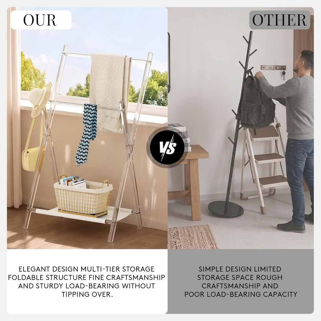 Acrylic Coat Rack Stand with Shelf, Foldable Clear Coat Hanger Stand, Modern Acrylic Hall Tree for Entryway, Bedroom, Living Room, Sturdy & Easy to Assemble