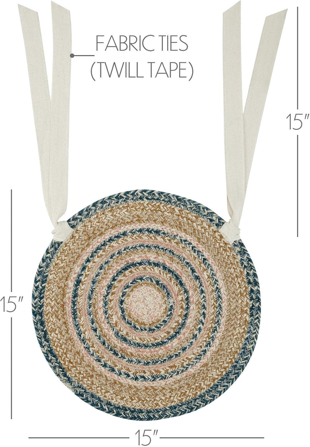 VHC Brands Kaila Farmhouse 15 in Chair Pad Blue Textured Jute Striped Round Kitchen Table Decor, Set of 2