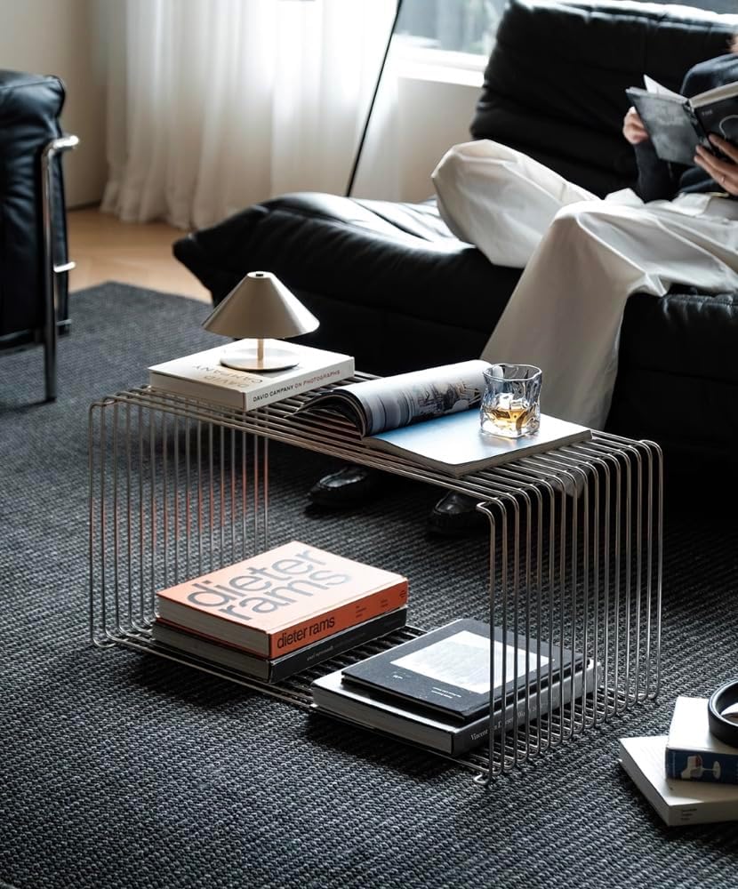 Stainless Steel Side Table,Square Geometry Retro Side Table Linear Metal End Table,Wire Cube Storage Rack, Book Stackable, Stainless Steel Coffee Table，Multi-Purpose Accent Table