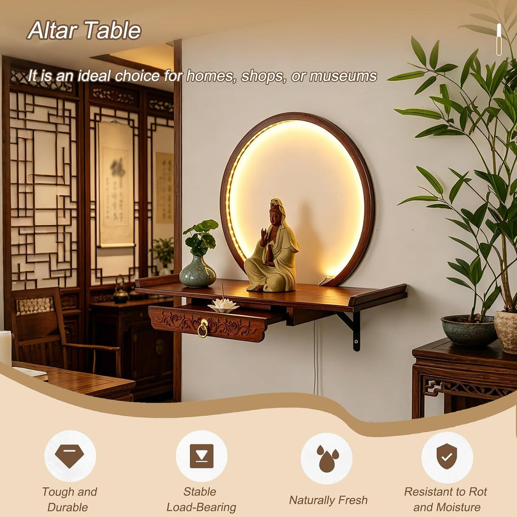 Wall Mounted Altar Table with LED Light, Bamboo Buddha Shrine, Chinese Style Floating Offering Shelf for Meditation, Home, Spiritual Decor(Reddish-Brown,40cm/15.7in)